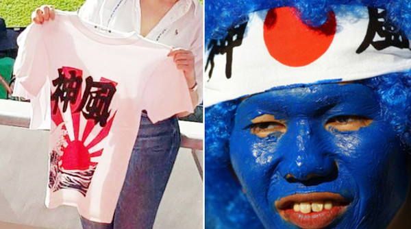 카타르 월드컵에서 일본측 응원단이 가미카제 티셔츠로 응원하는 장면(좌), 지난 남아공 월드컵 당시 일본측 응원단에서 가미카제 머리띠를 둘러매고 응원하는 모습(우).