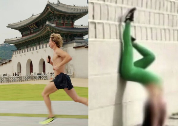 광화문 앞 상의 탈의한 외국인이 러닝하는 모습(좌), 경복궁 담에 기대어 요가를 한 베트남 여성(우)